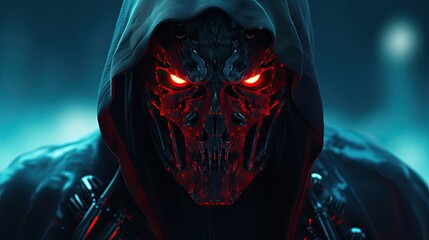 Evil skeleton robot in metal armor. Skull of futuristic evil cyborg in hood. Technology, robotics, artificial intelligence and future concept.