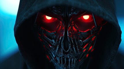 Evil skeleton robot in metal armor. Skull of futuristic evil cyborg in hood. Technology, robotics, artificial intelligence and future concept.