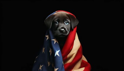 Patriotic Puppy Against Black Backdrop Wrapped in American Flag