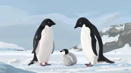 Obraz premium adelie penguin parents greeting newborn chick emerging from egg antarctica wildlife 8k ai illustration