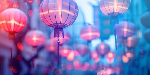 Chinatown in San Francisco with Chinese lanterns edited in pastel colors. Concept Travel...