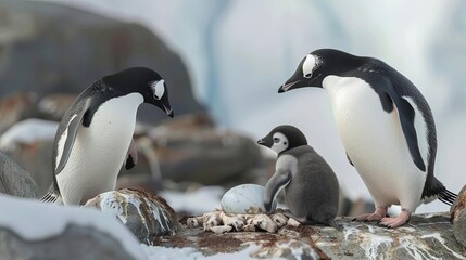 Obraz premium adelie penguin parents greeting newborn chick emerging from egg antarctica wildlife 8k ai illustration