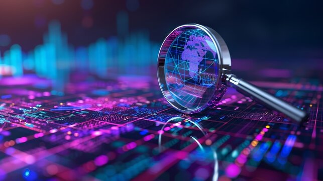 magnifying glass over digital graphs and charts, purple and blue color theme, dark background