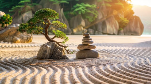 A Japanese Zen garden: A minimalist garden with raked sand, sculpted rocks, and bonsai trees, creating a sense of tranquility.