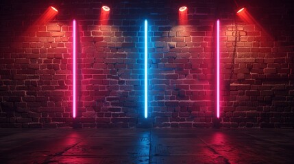 Red and blue neon light on brick wall background, stage or concert scene with spotlight and copy space for design