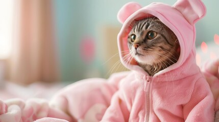 adorable cat wearing pink anime onesie costume cute feline fashion portrait