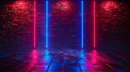 Red and blue neon light on brick wall background, stage or concert scene with spotlight and copy space for design