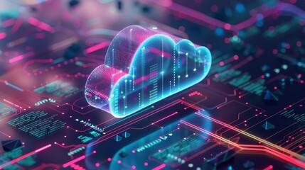 3d of cloud computing concept with multiple devices and digital data interface glowing on dark background