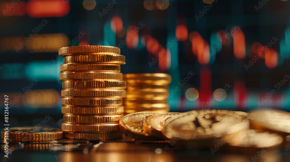 Poster stack of gold money coin with trading graph, financial investment concept can be use as background