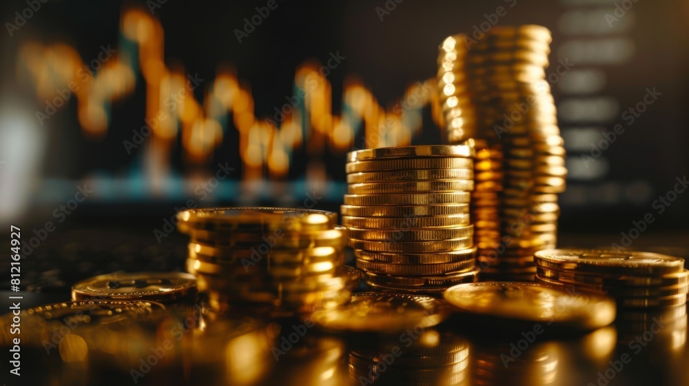 Aufkleber stack of gold money coin with trading graph, financial investment concept can be use as background