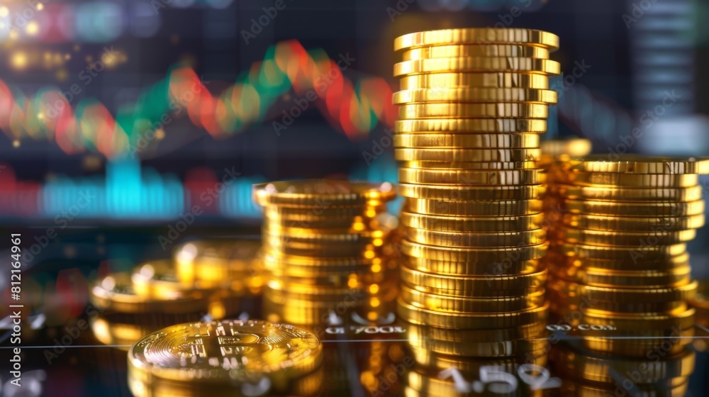 Poster Stack of gold money coin with trading graph, financial investment concept can be use as background