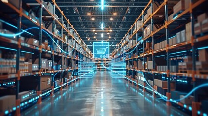 Fototapeta premium A digital warehouse with shelves lined up and boxes stacked