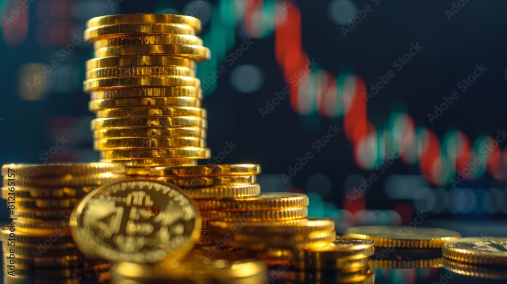 Poster stack of gold money coin with trading graph, financial investment concept can be use as background