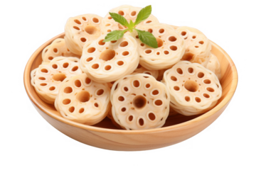 White lotus root slices on a wooden plate.