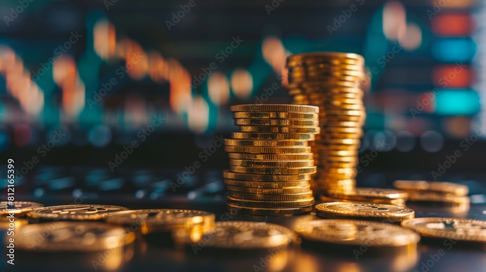 Poster Stack of gold money coin with trading graph, financial investment concept can be use as background