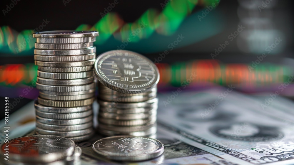 Aufkleber stack of silver coins with trading chart in financial concepts and financial investment business sto