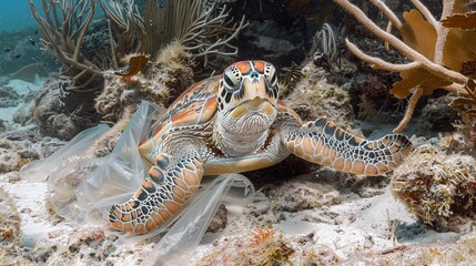 Fototapeta premium Trapped in Plastic: Sea Turtle Struggles After Entanglement (Marine Plastic Threat)