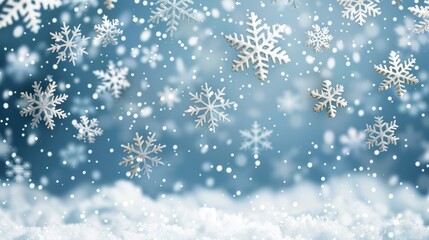 Fototapeta premium Abstract background with falling snowflakes in light blue and white colors Snow pattern for Christmas card or New Year decoration design Background with copy space area