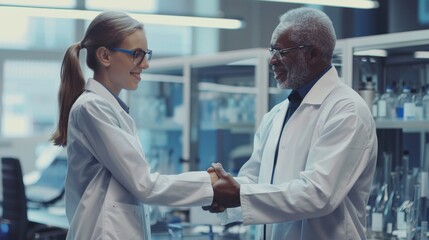 Fototapeta premium Scientists Shaking Hands in Lab
