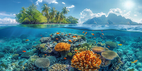An underwater scene with a vibrant reef, exotic fish, and crystal-clear turquoise waters, perfect for snorkeling.