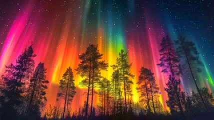 aurora borealis in the sky, vibrant colors, trees with lights, fantasy art style, colorful