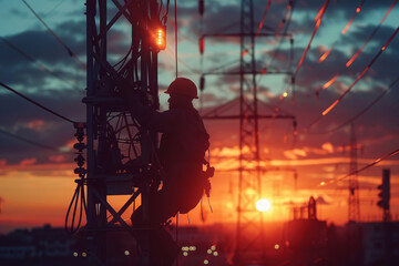 A skilled electrician ascends an electrical tower, backlit by the setting sun amidst a web of power lines and structures.
