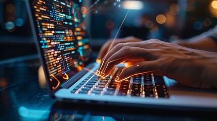 Closeup of hands typing on a laptop keyboard