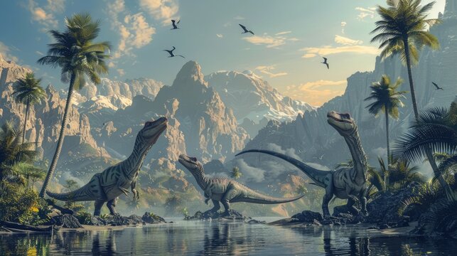 AI-generated majestic dinosaurs in a prehistoric landscape. Tyrannosaurus, t-rex. The concept of time when dinosaurs ruled the Earth.
