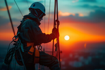 Telecommunications technician in safety harness rappels down a tower with a radiant sunrise illuminating the cityscape below.