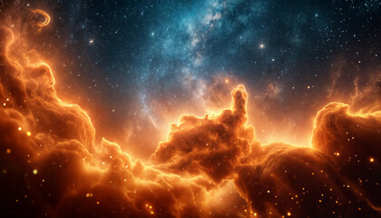 Cosmic nebulae. Space background. Outer space galaxy with nebulae in gold and blue colors