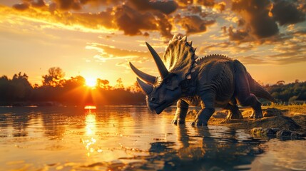 Fototapeta premium AI-generated majestic dinosaurs in a prehistoric landscape. Triceratops. The concept of time when dinosaurs ruled the Earth.