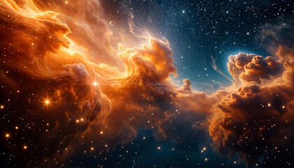 Space nebulas. Cosmic background. Outer space with nebulae in gold and blue colors