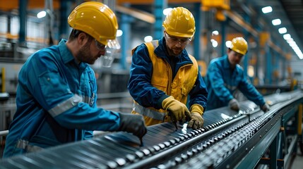 Hardworking Team of Factory Workers Collaborating on Production Line in Industrial Warehouse