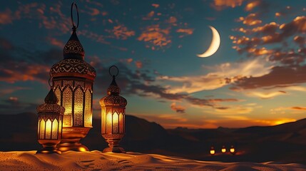 Fototapeta premium arabian sahara lantern and moon setup for ramadan or eid mubarak
