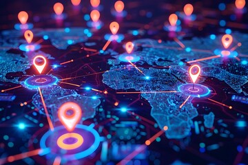 Glowing Digital World Map with Illuminated Location Pins in Hyper Nighttime Rendering