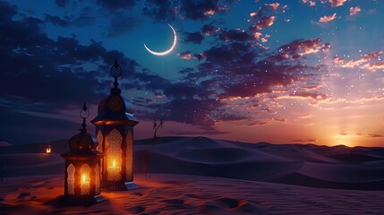 arabian sahara lantern and moon setup for ramadan or eid mubarak
