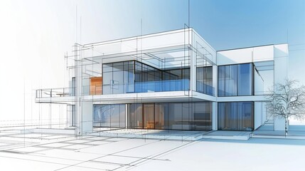 architectural blueprint model of contemporary townhouse wide banner format 3d illustration