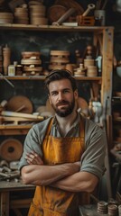 Obraz premium Skilled Craftsman Standing with Arms Crossed in His Vibrant Woodworking Workshop