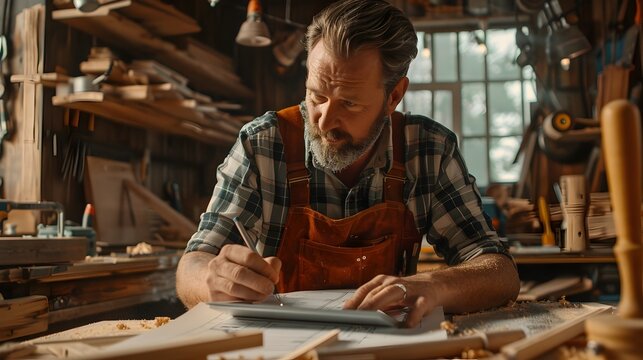 Professional Craftsman Consulting Digital Plans Amidst Rustic Woodworking Tools and Sawdust in His Vibrant Workshop