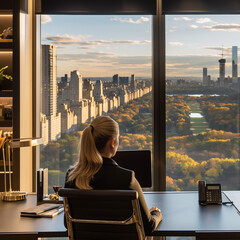 Mujer trabajando con una computadora en una oficina con una hermosa vista de central park, vista, trabajo, oficina, ventana, negocios, 