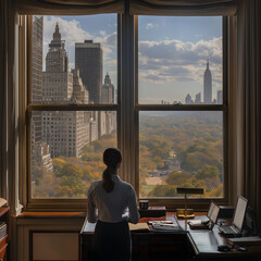 Mujer de pie frente a una ventana de una oficina en un edificio frente a central park