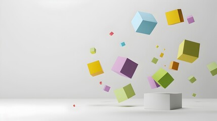 Floating Colorful 3D Geometric Shapes Minimal Abstract Composition In White Background