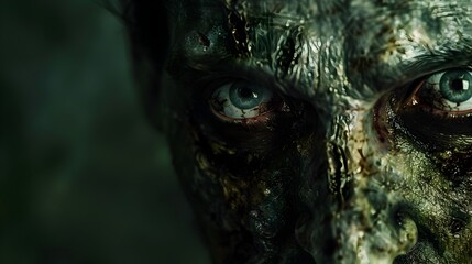 Haunting Gaze of a Zombie Emerging from the Darkness Hyper Portrait of a Chilling Monster