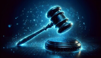 judge's gavel composed of vibrant blue particles