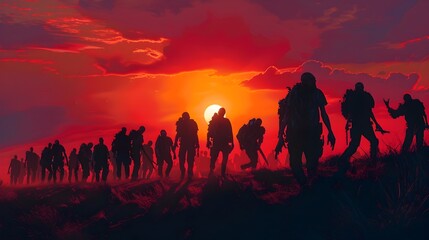 Silhouetted Zombie Horde Marching Towards a Menacing Blood Red Sunset