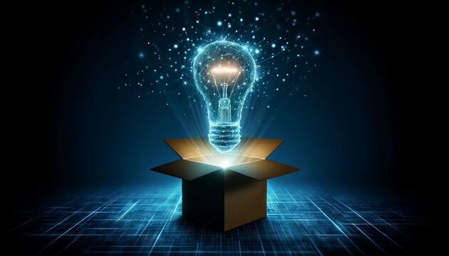 light bulb crafted from glowing blue lines