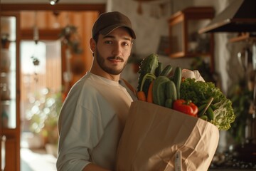 Man Enjoying Grocery Shopping with Fresh Produce