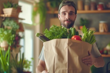 Man Enjoying Grocery Shopping with Fresh Produce