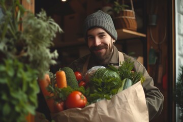 Man Enjoying Grocery Shopping with Fresh Produce