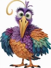 Obraz premium Vibrant, Colorful Fantasy Bird with Large Eyes and Feathers in Whimsical Style.